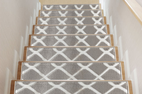 Gray/White Willow Premium Quality Turkish Carpet Stair Treads  - Machine Washable  Non Slip Stair Treads with TPR Backing